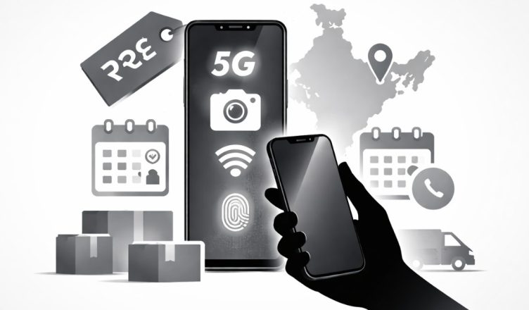 Minimal editorial illustration of a smartphone displaying 5G, camera and fingerprint icons with price tag, calendar, delivery boxes and India map symbolizing 2026 smartphone launches in India.