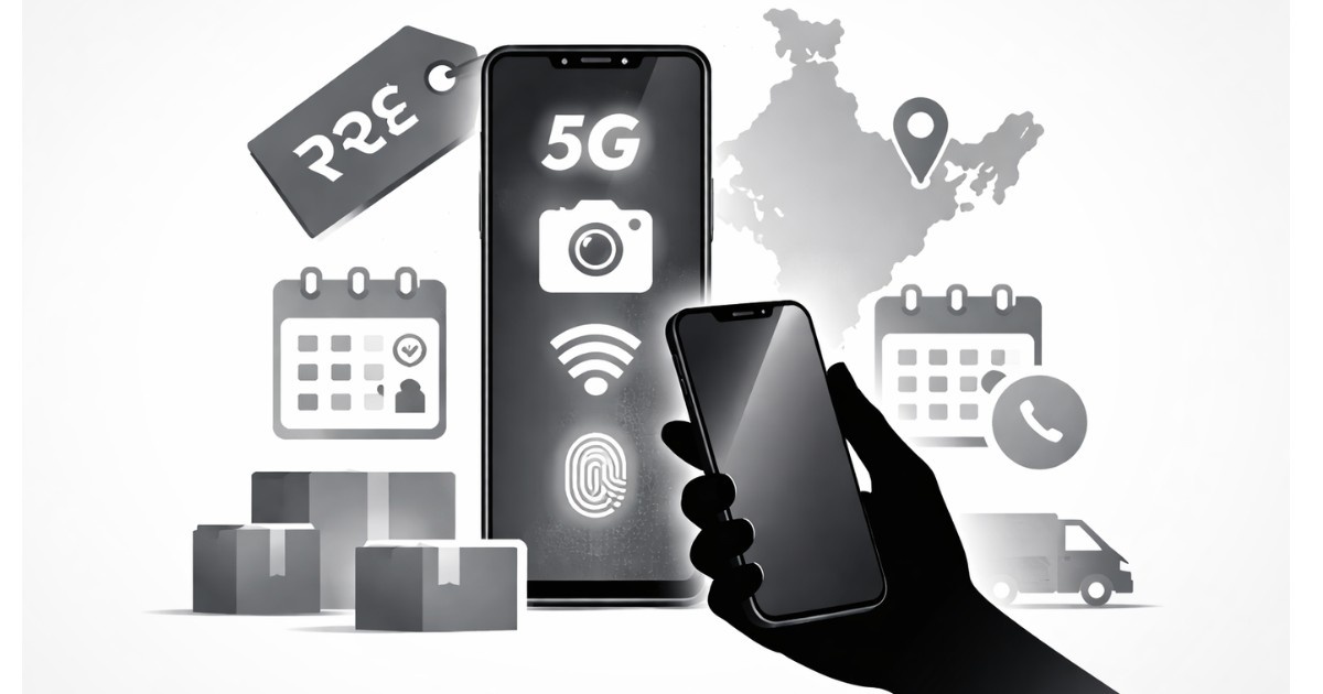 Minimal editorial illustration of a smartphone displaying 5G, camera and fingerprint icons with price tag, calendar, delivery boxes and India map symbolizing 2026 smartphone launches in India.