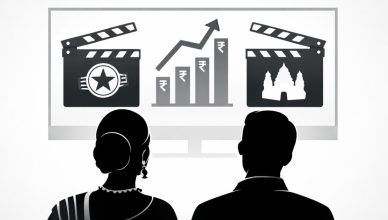 Minimal editorial illustration of film clapperboards and rising rupee chart symbolizing latest Bollywood and South Indian film box office collections this week.