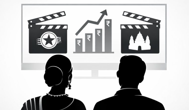 Minimal editorial illustration of film clapperboards and rising rupee chart symbolizing latest Bollywood and South Indian film box office collections this week.