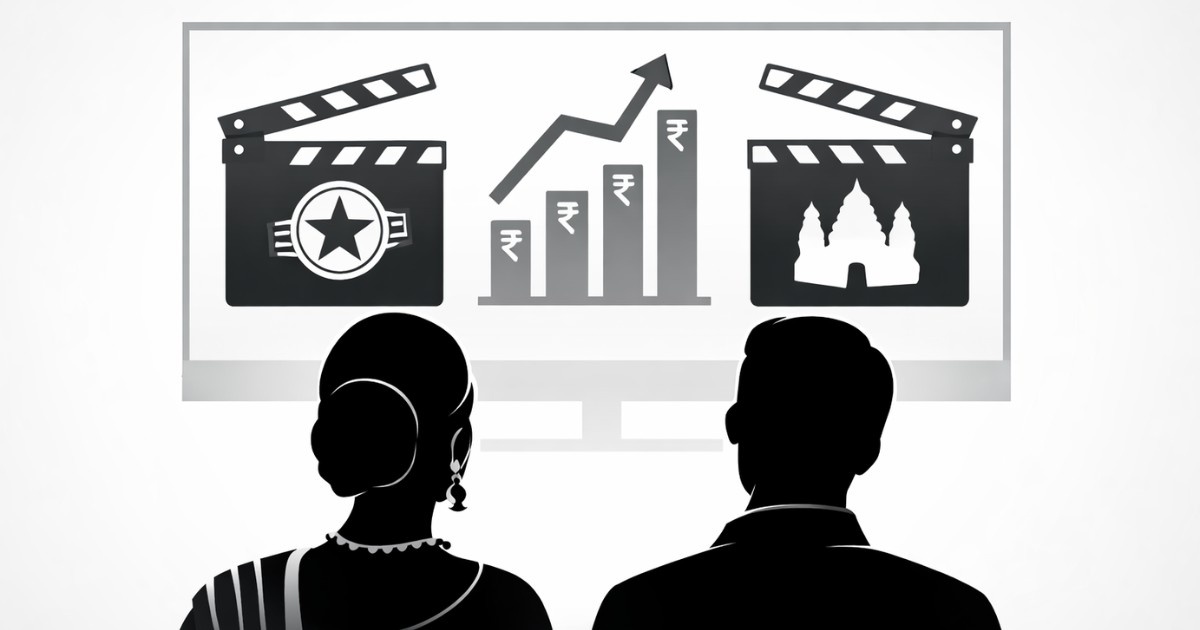 Minimal editorial illustration of film clapperboards and rising rupee chart symbolizing latest Bollywood and South Indian film box office collections this week.