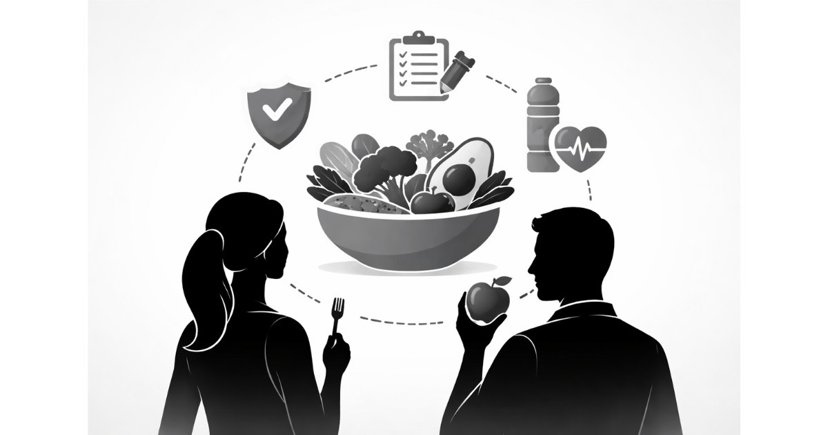 Minimal editorial illustration of a bowl of fresh vegetables with health icons symbolizing healthy diet trends and nutrition habits adopted in India in 2026.