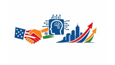 Minimal editorial illustration showing U.S. and India partnership in AI technology with handshake, AI chip, and upward growth arrows symbolizing tech deals and startup growth.