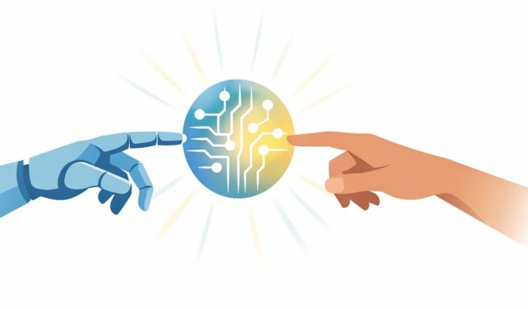 Minimal AI editorial illustration showing a human hand and robotic hand reaching toward a glowing AI sphere symbolizing collaboration and positive impact of artificial intelligence.