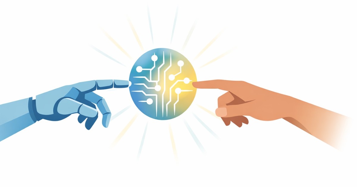 Minimal AI editorial illustration showing a human hand and robotic hand reaching toward a glowing AI sphere symbolizing collaboration and positive impact of artificial intelligence.