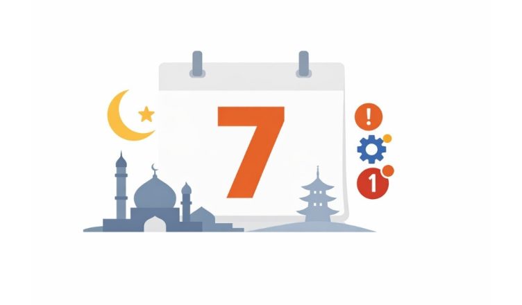Minimal editorial illustration showing a calendar with crescent moon and Asian skyline symbolizing important updates as Ramadan 2026 begins across Asia