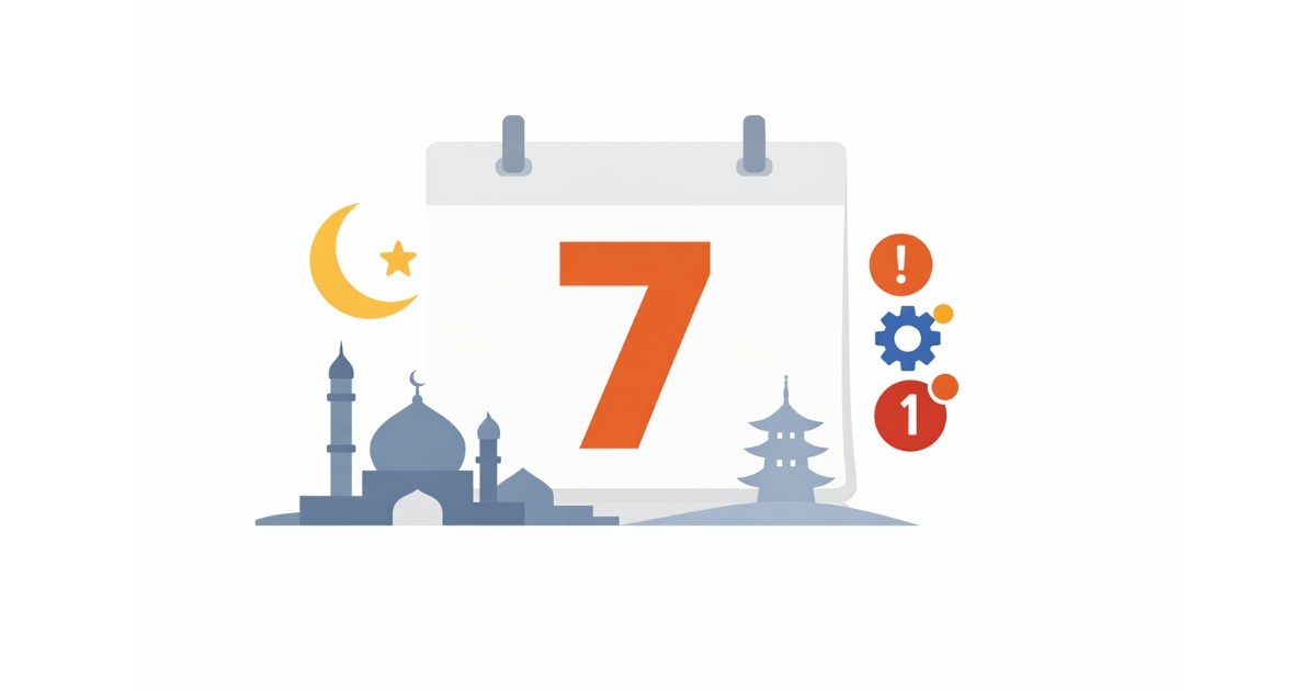 Minimal editorial illustration showing a calendar with crescent moon and Asian skyline symbolizing important updates as Ramadan 2026 begins across Asia