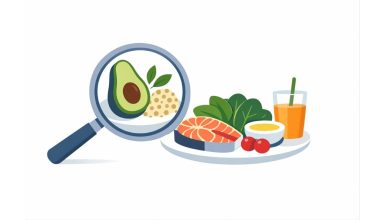 Minimal editorial illustration of healthy foods including avocado, greens, salmon, and juice under a magnifying glass symbolizing healthy eating trends in India.
