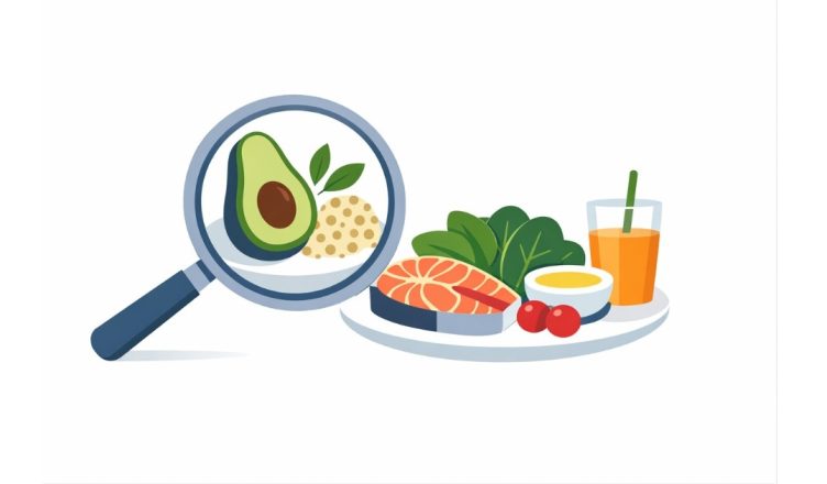 Minimal editorial illustration of healthy foods including avocado, greens, salmon, and juice under a magnifying glass symbolizing healthy eating trends in India.