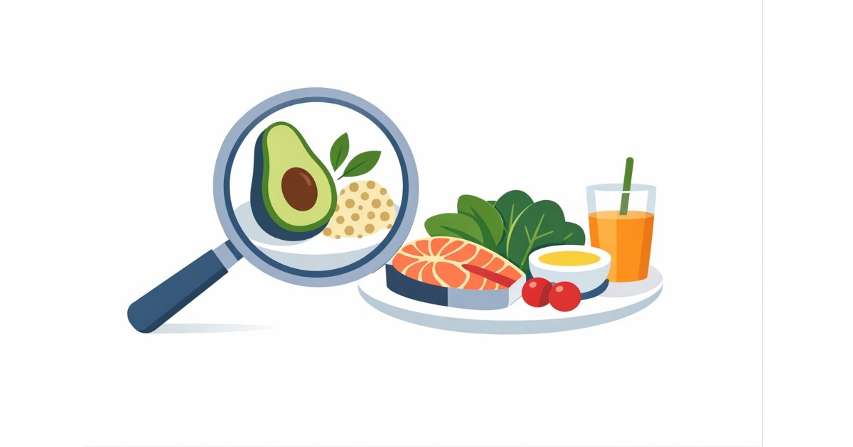 Minimal editorial illustration of healthy foods including avocado, greens, salmon, and juice under a magnifying glass symbolizing healthy eating trends in India.