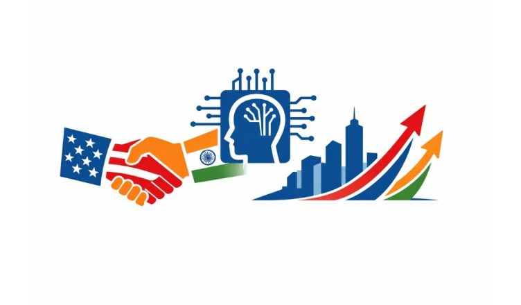 Minimal editorial illustration showing U.S. and India partnership in AI technology with handshake, AI chip, and upward growth arrows symbolizing tech deals and startup growth.