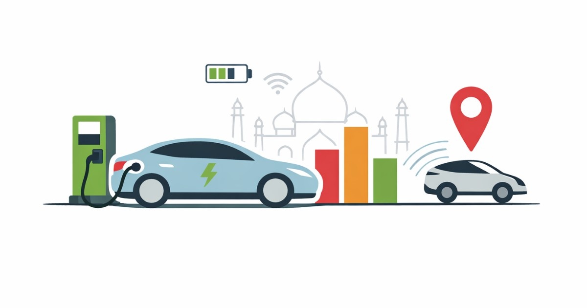 Minimal editorial illustration of an electric vehicle charging with market growth bars and smart mobility symbols representing India’s EV market trends in 2026