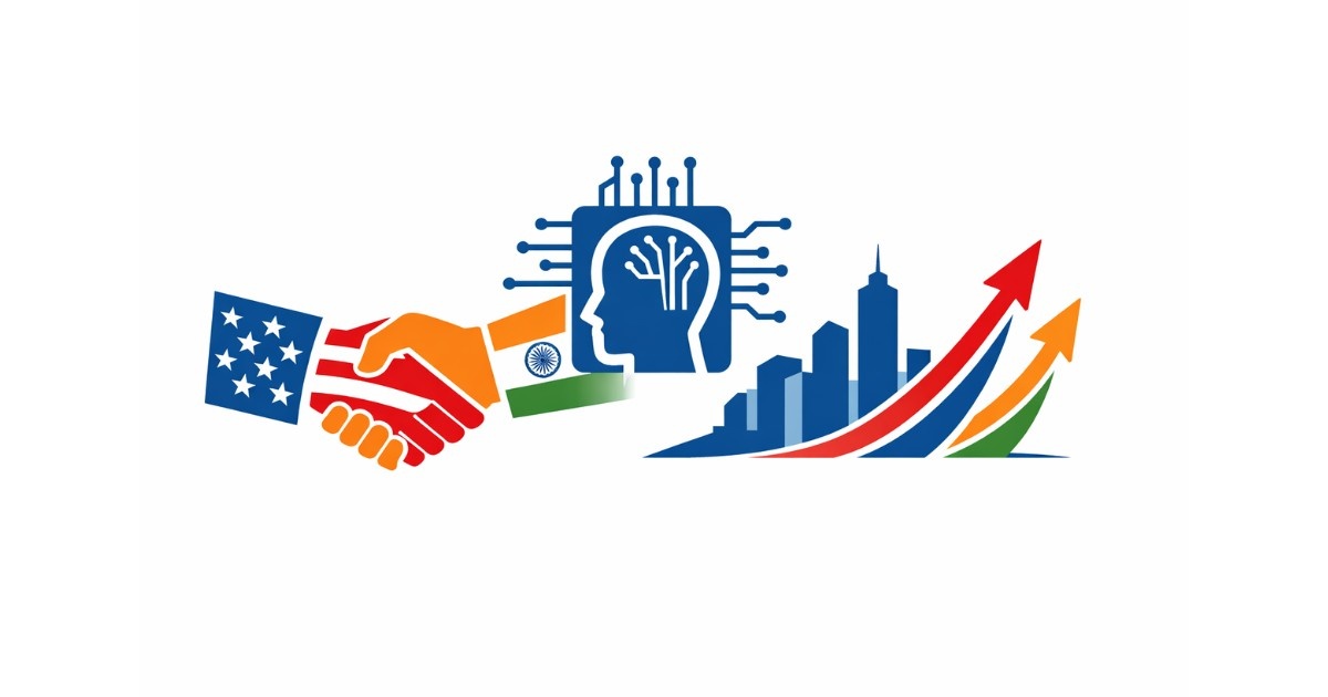 Minimal editorial illustration showing U.S. and India partnership in AI technology with handshake, AI chip, and upward growth arrows symbolizing tech deals and startup growth.