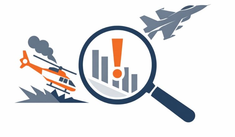 Minimal editorial illustration showing a damaged helicopter and a fighter jet under a magnifying glass with a warning symbol and falling bar chart, representing aviation safety concerns and investor scrutiny.