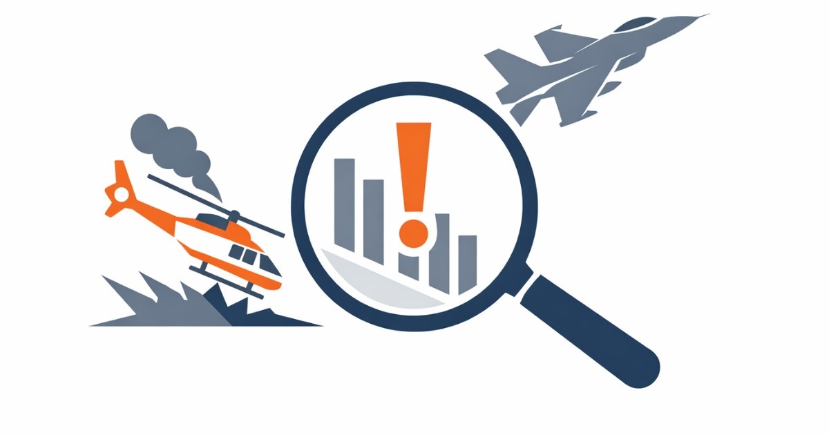 Minimal editorial illustration showing a damaged helicopter and a fighter jet under a magnifying glass with a warning symbol and falling bar chart, representing aviation safety concerns and investor scrutiny.