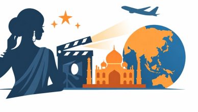 Minimal editorial illustration of an Indian film actress silhouette with globe, film clapperboard, spotlight, airplane, and Taj Mahal symbolizing Bollywood’s rising global popularity.