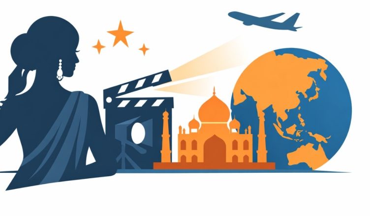 Minimal editorial illustration of an Indian film actress silhouette with globe, film clapperboard, spotlight, airplane, and Taj Mahal symbolizing Bollywood’s rising global popularity.