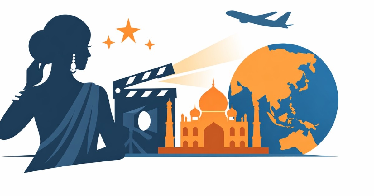 Minimal editorial illustration of an Indian film actress silhouette with globe, film clapperboard, spotlight, airplane, and Taj Mahal symbolizing Bollywood’s rising global popularity.