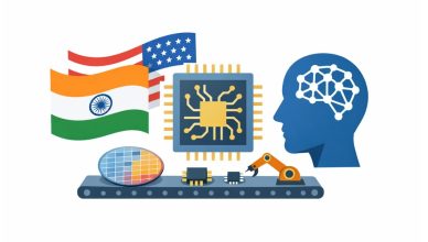Minimal editorial illustration showing India and US collaboration with a semiconductor chip, silicon wafer, robotic arm, and AI head symbolizing semiconductor and AI supply chain partnership. Pax Silica