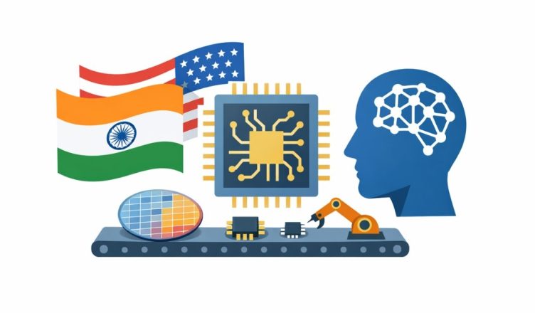 Minimal editorial illustration showing India and US collaboration with a semiconductor chip, silicon wafer, robotic arm, and AI head symbolizing semiconductor and AI supply chain partnership. Pax Silica