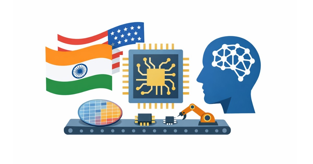 Minimal editorial illustration showing India and US collaboration with a semiconductor chip, silicon wafer, robotic arm, and AI head symbolizing semiconductor and AI supply chain partnership. Pax Silica