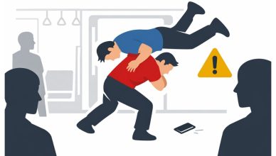 Minimal editorial illustration of two men in a wrestling-style fight inside a Delhi metro train compartment, with commuters watching and a warning symbol indicating safety concerns.