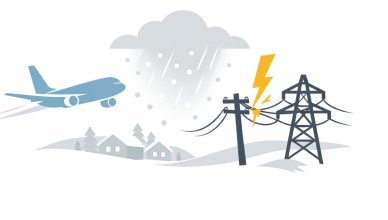 Minimal editorial illustration of a snowstorm cloud over an airplane and power lines, symbolizing flight disruptions and power outages during the US East Coast blizzard.