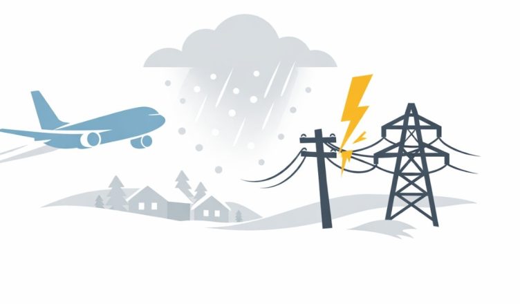 Minimal editorial illustration of a snowstorm cloud over an airplane and power lines, symbolizing flight disruptions and power outages during the US East Coast blizzard.