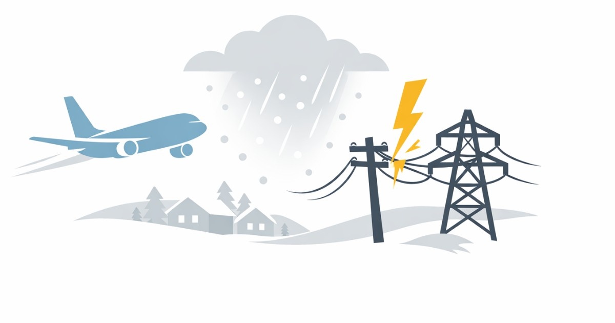 Minimal editorial illustration of a snowstorm cloud over an airplane and power lines, symbolizing flight disruptions and power outages during the US East Coast blizzard.