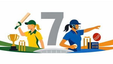 Minimal editorial illustration of Australia and India women cricketers with cricket elements highlighting seven key moments from the 1st Women’s ODI.