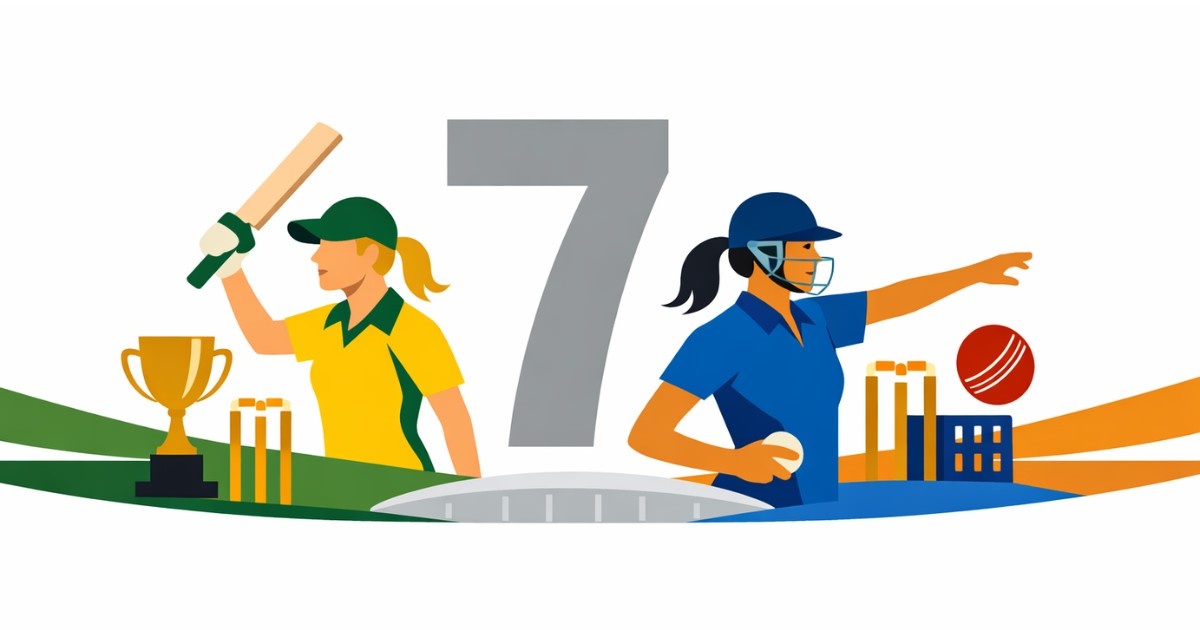 Minimal editorial illustration of Australia and India women cricketers with cricket elements highlighting seven key moments from the 1st Women’s ODI.