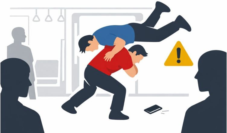 Minimal editorial illustration of two men in a wrestling-style fight inside a Delhi metro train compartment, with commuters watching and a warning symbol indicating safety concerns.