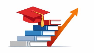 Minimal editorial illustration of a graduation cap placed on stacked books with an upward arrow symbolizing Ashoka University’s full tuition waiver for JEE toppers and rising admissions.