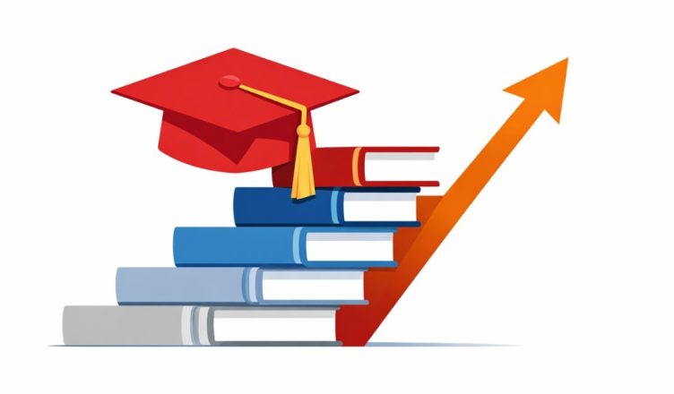 Minimal editorial illustration of a graduation cap placed on stacked books with an upward arrow symbolizing Ashoka University’s full tuition waiver for JEE toppers and rising admissions.