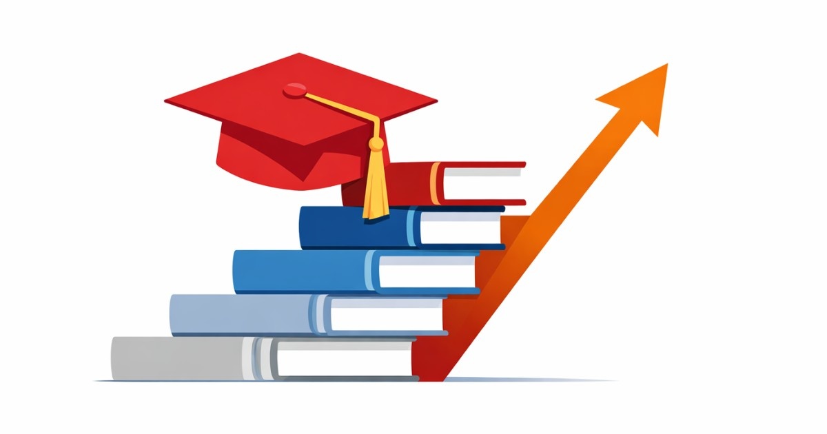 Minimal editorial illustration of a graduation cap placed on stacked books with an upward arrow symbolizing Ashoka University’s full tuition waiver for JEE toppers and rising admissions.