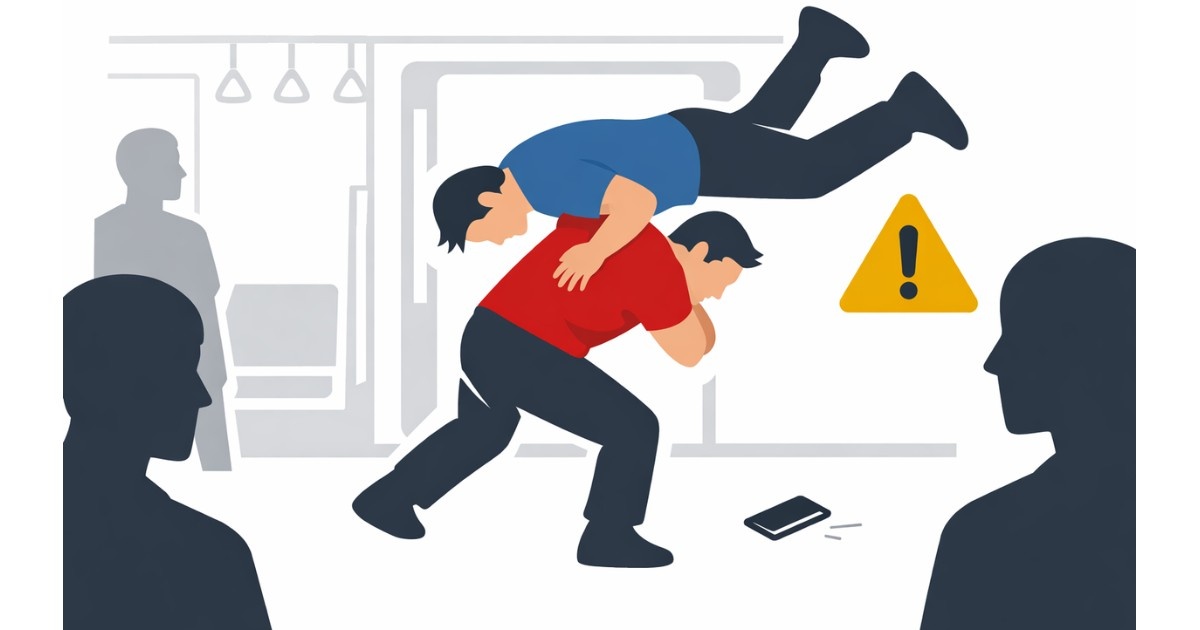 Minimal editorial illustration of two men in a wrestling-style fight inside a Delhi metro train compartment, with commuters watching and a warning symbol indicating safety concerns.