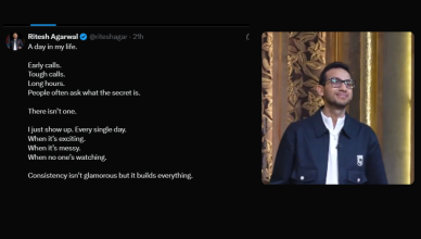 Portrait of entrepreneur Ritesh Agarwal standing in an ornate interior, paired with a reflective message about daily discipline, long hours, and the power of consistency in building success.