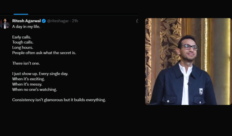 Portrait of entrepreneur Ritesh Agarwal standing in an ornate interior, paired with a reflective message about daily discipline, long hours, and the power of consistency in building success.