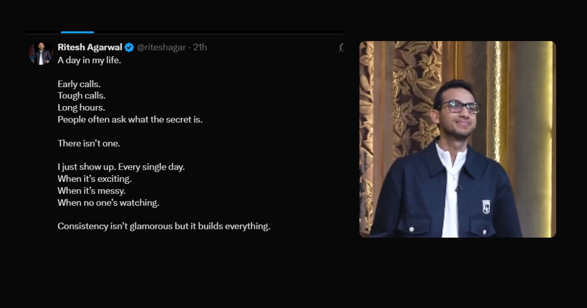 Portrait of entrepreneur Ritesh Agarwal standing in an ornate interior, paired with a reflective message about daily discipline, long hours, and the power of consistency in building success.