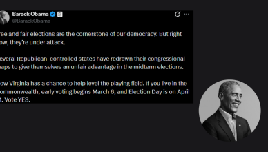Former US President Barack Obama commenting on Virginia election vote and congressional redistricting