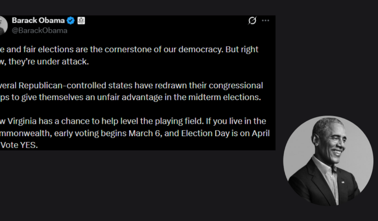 Former US President Barack Obama commenting on Virginia election vote and congressional redistricting
