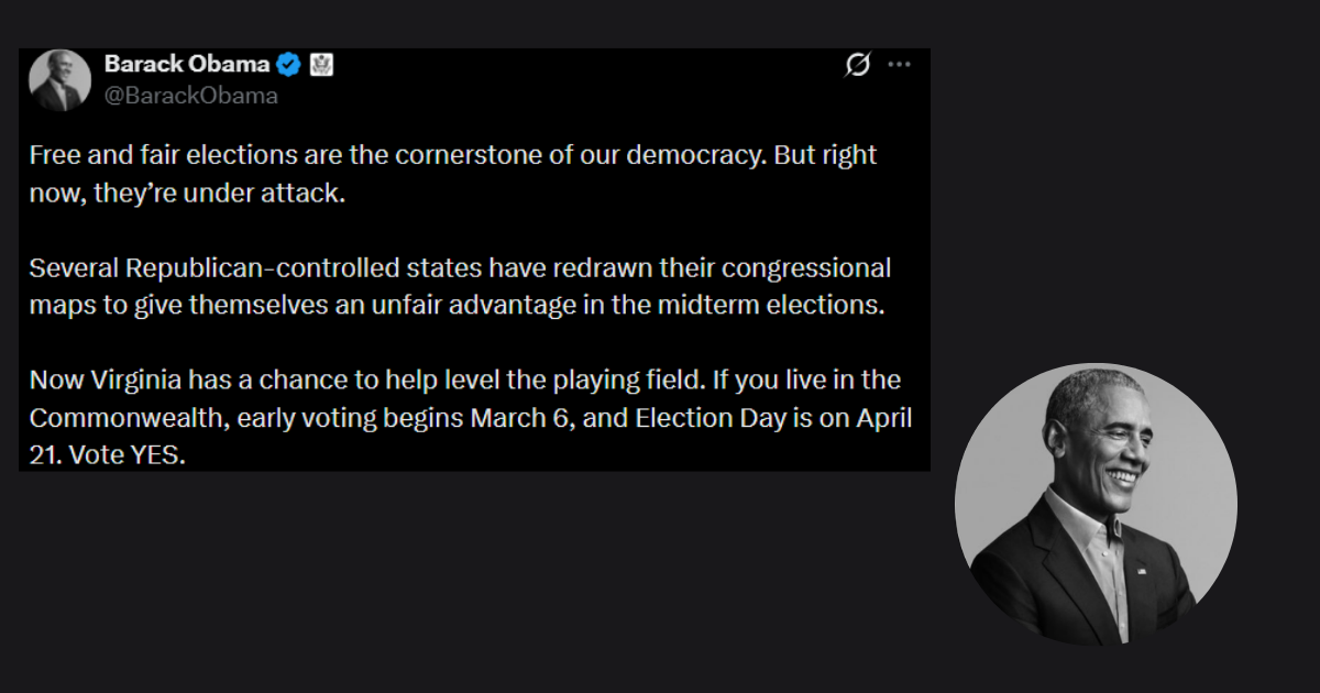 Former US President Barack Obama commenting on Virginia election vote and congressional redistricting