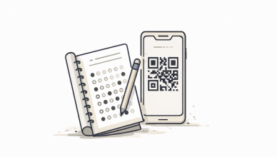 Minimal vector illustration of a smartphone scanning a QR code next to an exam answer sheet representing CBSE exam QR code clarification
