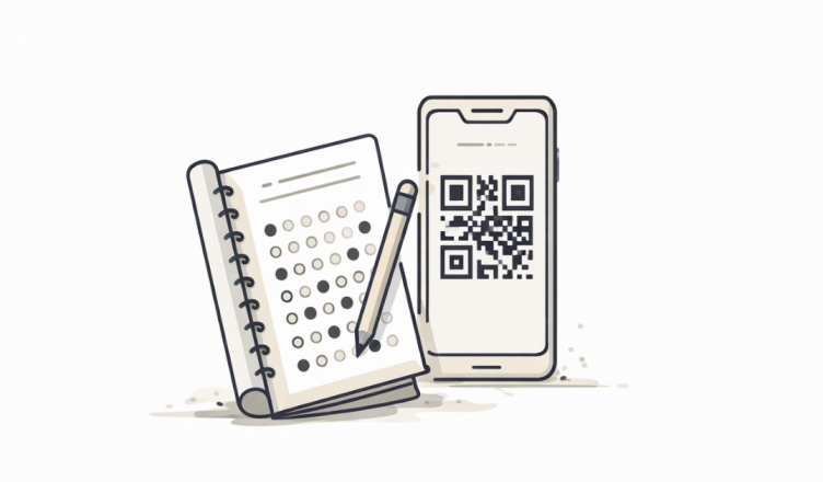 Minimal vector illustration of a smartphone scanning a QR code next to an exam answer sheet representing CBSE exam QR code clarification