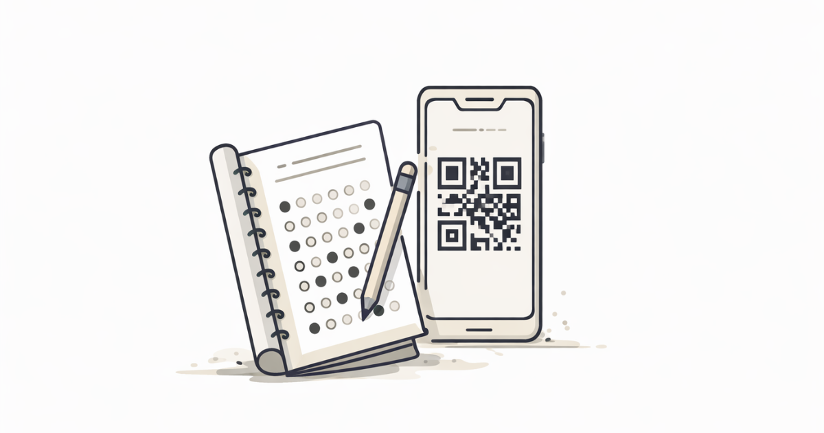 Minimal vector illustration of a smartphone scanning a QR code next to an exam answer sheet representing CBSE exam QR code clarification