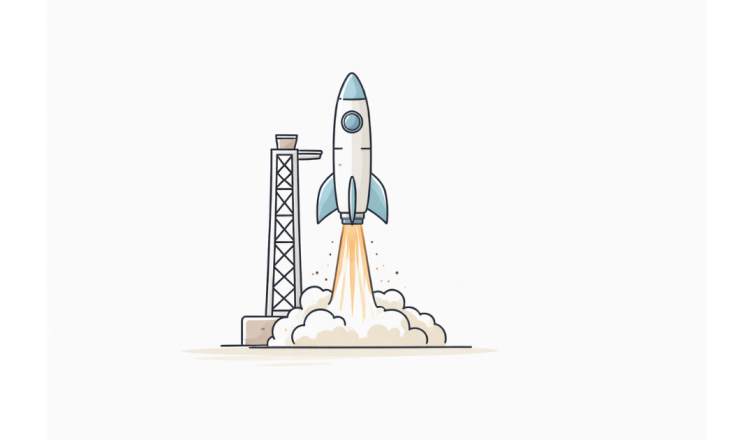 Minimal vector illustration of a rocket launching from a pad representing India’s private space startup ecosystem and satellite launch ambitions