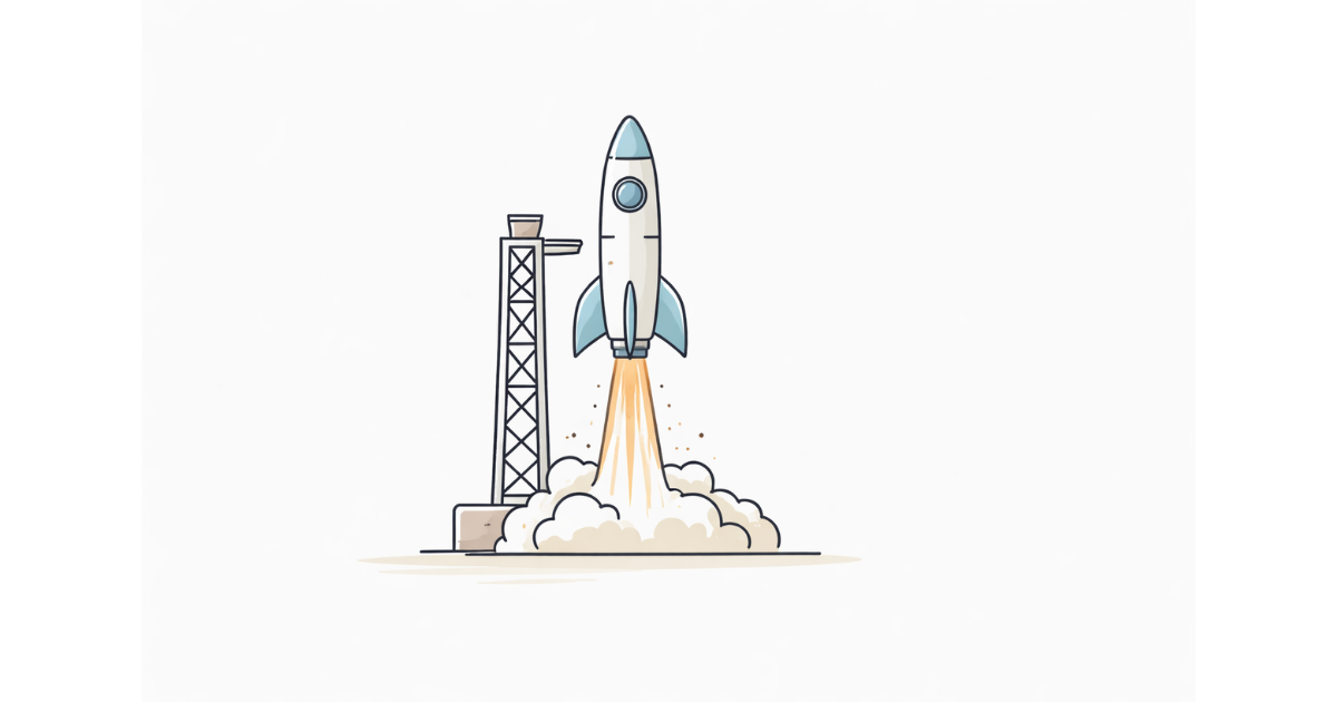 Minimal vector illustration of a rocket launching from a pad representing India’s private space startup ecosystem and satellite launch ambitions