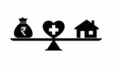 Minimal editorial illustration of a balanced scale with money bag, healthcare heart symbol, and house icon representing major government relief announcements.
