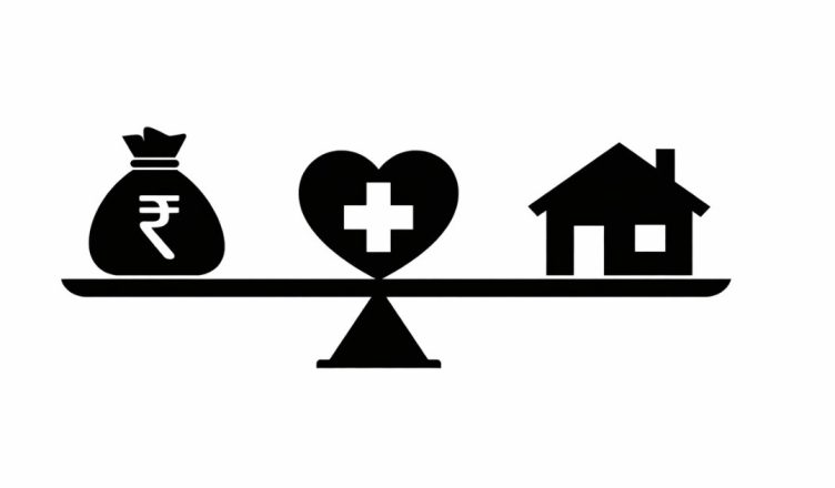 Minimal editorial illustration of a balanced scale with money bag, healthcare heart symbol, and house icon representing major government relief announcements.