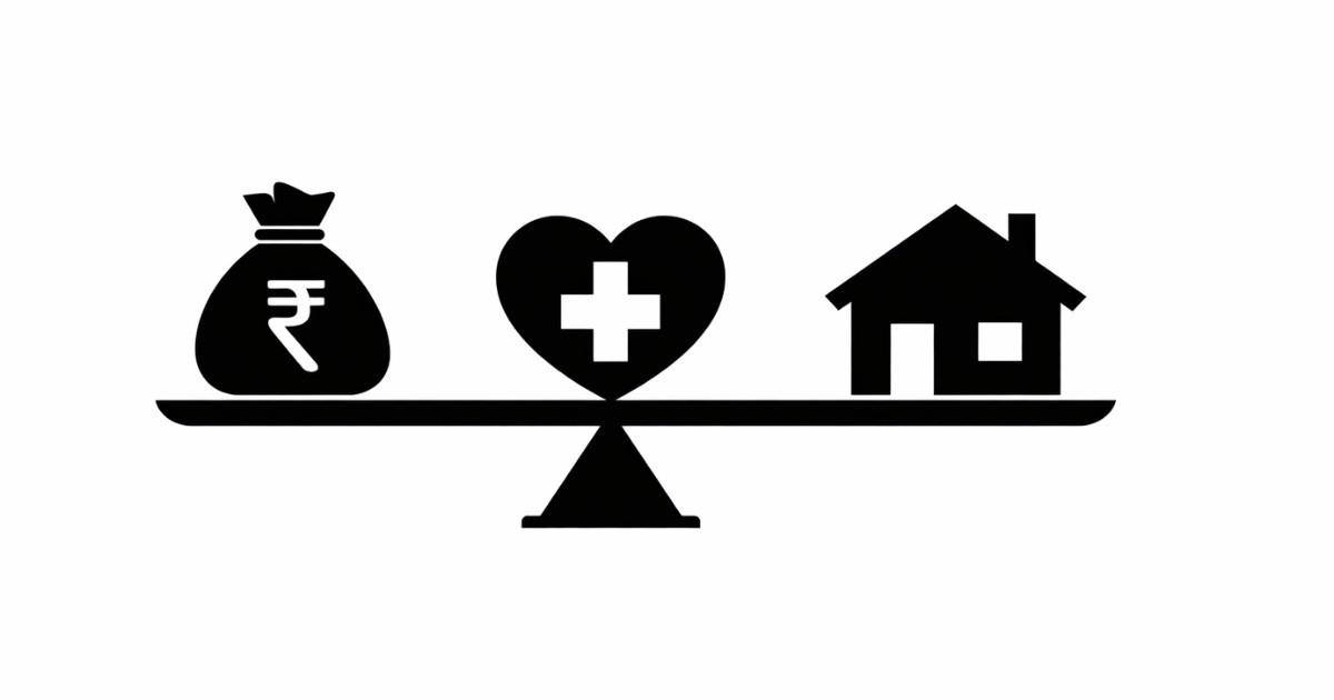 Minimal editorial illustration of a balanced scale with money bag, healthcare heart symbol, and house icon representing major government relief announcements.